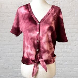 DEE elly pink and red tie dye waffle weave short sleeve top front buttons SZ XXS